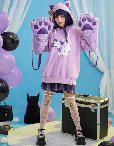 Vista 2 de Cosplay.fm Disfraz de anime para mujer, sudadera con capucha con bolsa desmontable, guantes de pata de gato, sudadera con capucha