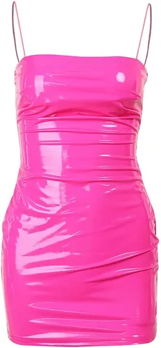 Vista 6 de Gogobear Minivestido sexy de piel sintética para mujer, con tirantes delgados, fruncido, ajustado, con cremallera (S-XL)