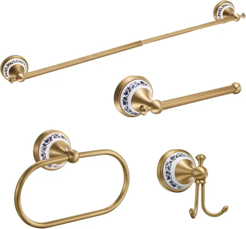 Vista 9 de Juego de 4 Piezas de Accesorios de Baño de Latón Antiguo Dorado Montados en la Pared Toallero y Anillo para Toallas y Portapapel Higiénico y Gancho