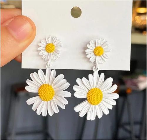 Vista 5 de Aretes colgantes de margarita para mujer, aretes de margarita con diseño de damángel, aretes de verano para mujer, regalo de los años 60 y 70