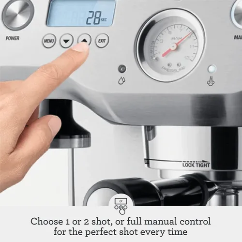Vista 3 de Breville la Máquina de Café Espresso de Doble Caldera con Sistema de Calentamiento Dual de Leche, Máquina de Cappuccino y Latte para el Hogar Rojo