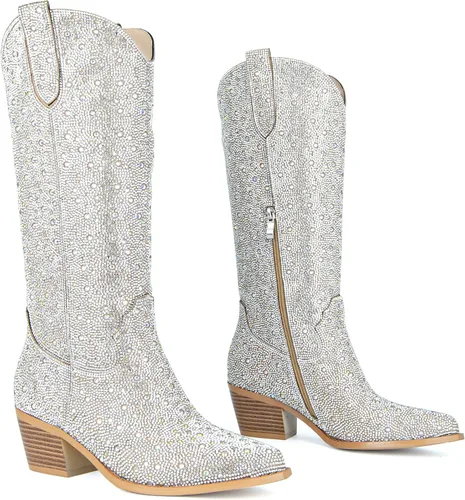 Vista 4 de SOVANYOU - Botas de cowboy con tachuelas para mujer, puntera en forma de almendra, tacón de bloque brillante, botas de vaquera con tachuelas