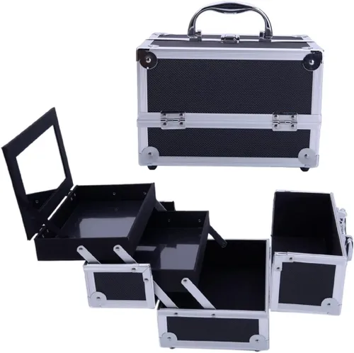 Vista 2 de Caja de maquillaje Estuche de tren de gran capacidad de almacenamiento portátil organizador de cosméticos de viaje con compartimentos y bandejas