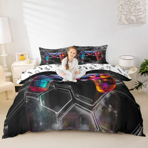 Vista 7 de Juego de funda de edredón con diseño de videojuegos para niños, tamaño individual, negro y azul a cuadros, juego de ropa de cama moderna