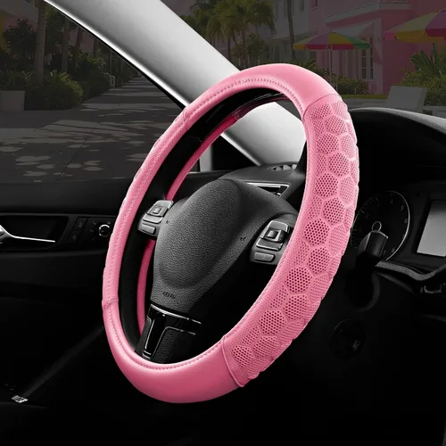 Vista 15 de Cubierta de Volante de Masaje PIC AUTO, Cubierta de Volante de Coche de Cuero Beige y Material de Patrón de Fútbol Rosa Combinado, Cubierta