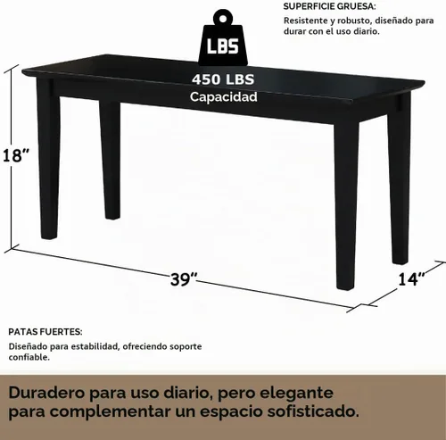 Vista 2 de International Concepts - Banco estilo coctelera, 39 pulgadas de ancho, madera de parawood maciza, sin terminar Negro