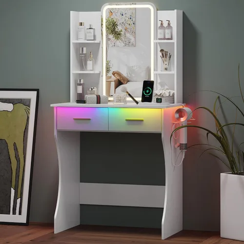 Vista 18 de HUANLEGO Pequeño escritorio rosa con espejo y luces para mujeres y niñas