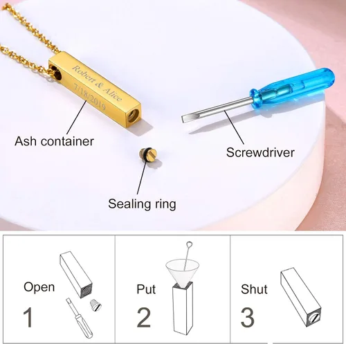 Vista 6 de FindChic Collares personalizados con urna para cenizas, barra vertical, gato, luna, reloj de arena, garra de perro, acero inoxidable, chapado en oro