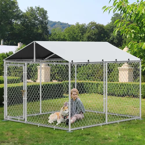 Vista 11 de YITAHOME Perrera para perros al aire libre con comederos giratorios, recinto para perros al aire libre de 7.5 x 7.5 pies con techo, jaula resistente