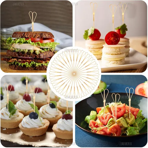 Vista 7 de AUEAR, Paquete de 100 palillos de cóctel de bambú de 4.7 pulgadas en forma de corazón para aperitivos, pinchos de dientes, bocadillos decorativos