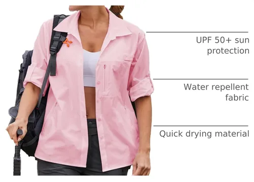 Vista 4 de Pinspark Camisa de manga larga UPF 50+ para mujer, de secado rápido, con bolsillos Rosado