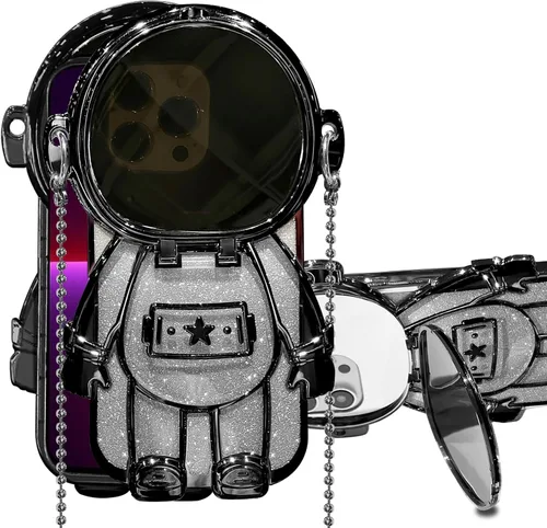 Vista 13 de Funda de astronauta compatible con iPhone 14 Pro Max con soporte, espejo, correa de hombro con cordón, espejo de papel con purpurina desmontable