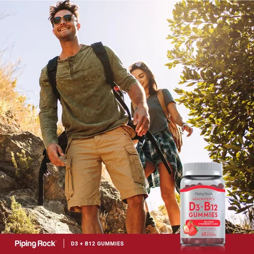 Vista 6 de Piping Rock Gomitas de vitamina D3 y B12 60 unidades Suplemento para mujeres y hombres Alta potencia Sabor a fresa Vegetariano, sin OMG