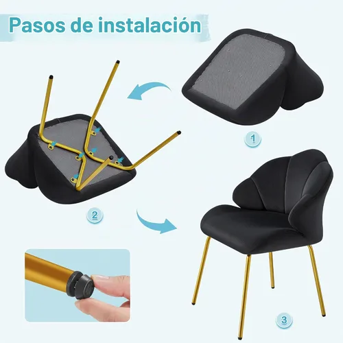 Vista 9 de Yaheetech Silla de tocador, silla decorativa de terciopelo con respaldo en forma de concha, sillón moderno con patas de metal dorado para Negro