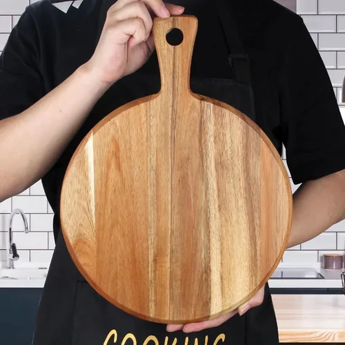 Vista 2 de Tabla de cortar de madera de acacia con mango Tabla de cortar de madera redonda para decoración de cocina, bandeja grande de charcutería, tabla