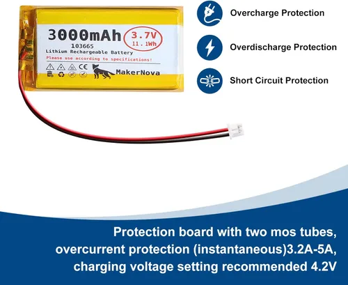 Vista 6 de Paquete de 4 baterías LiPo de 3.7 V 103665 3000 mAh, 1S 3C recargable, conector Micro JST 1.25, placa de protección dual