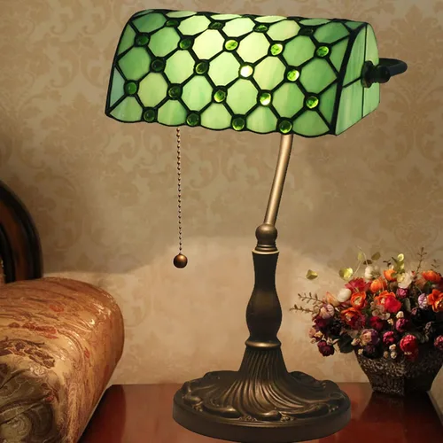 Vista 3 de Green Bankers - Lámpara de mesa vintage, luz de escritorio retro, lámpara de escritorio de oficina de vidrieras Tiffany, lámpara de cuentas