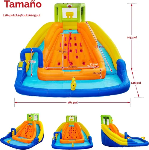 Vista 6 de WELLFUNTIME - Tobogán de agua inflable, casa de rebote con cubo de agua, piscina profunda, pared de escalada con cuerda, castillo hinchable