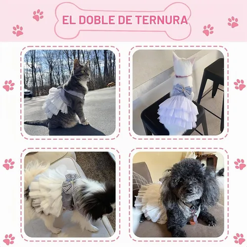 Vista 5 de Vestidos para Perros, Ropa de Mascota a la Moda, Vestidos de Princesa para Cachorros con Rayas y Malla (Azul, XS)