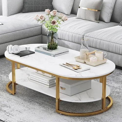 Vista 4 de Mesa auxiliar, moderna y ovalada, mesa de centro minimalista de madera para sala de estar, almacenamiento gris oscuro incluido, 39.5 pulgadas