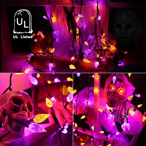 Vista 5 de ODEETRONIC Luces de Halloween naranjas y moradas, 19.68 pies, 60 luces LED conectables, 120 V, certificación UL, impermeable, para exteriores, luz
