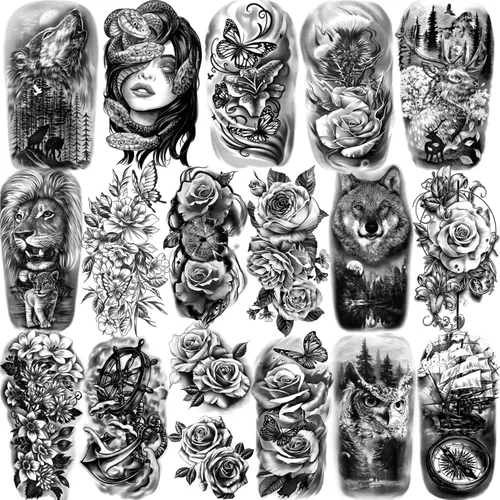 Vista 8 de 77 hojas de tatuajes temporales para mujeres y hombres, 17 hojas de tatuajes falsos de medio brazo de flores de playa, calaveras, atardeceres, 60