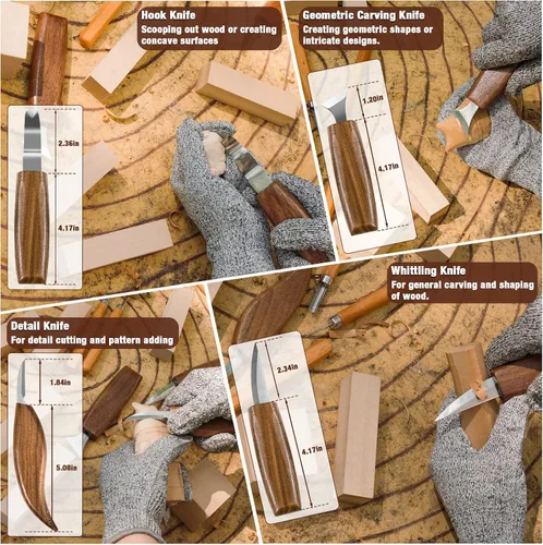 Vista 4 de Kit de tallado de madera, 23 piezas de herramientas de tallado de madera con 4 cuchillos de tallado de madera, 5 cuchillos de detalle, 9 bloques
