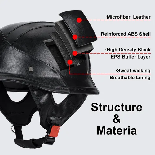 Vista 5 de Casco de motocicleta estilo alemán M35 hecho a mano de cuero retro 1/2 vintage casco de media cara para adultos, hombres y mujeres, aprobado por