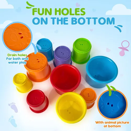 Vista 5 de Arco Iris Stacking & Nesting tazas Baby Set de construcción. 10 piezas. Con relieve caracteres Animal. Para Interior, Exterior, tina, y la playa