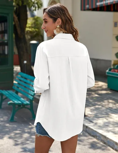 Vista 3 de Zeagoo - Blusas de lino con botones para mujer, de gasa, algodón, manga larga, blusas informales con cuello, corte holgado