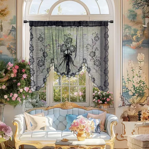 Vista 2 de Cenefa de cortina de encaje transparente con bordado floral negro, estilo princesa, estilo princesa, cenefa de cortina bordada en cascada