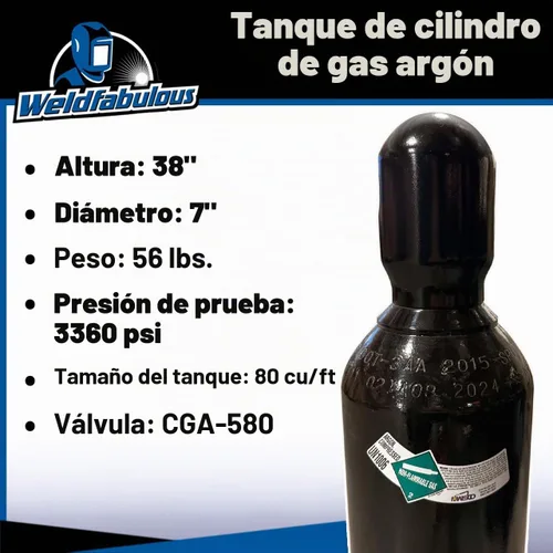 Vista 3 de Tanque Cilindro de Gas Argón 100% para Soldadura 80 cu/ft CGA 580 - LLENO