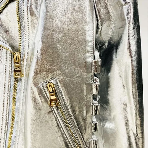 Vista 5 de Chaqueta de cuero plateado de metal para mujer, con cremallera, ropa de abrigo para moto