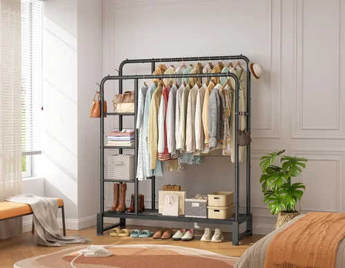 Vista 2 de Perchero de doble barra con estantes de almacenamiento de 4 niveles, perchero para colgar ropa, organizador multifuncional de ropa resistente