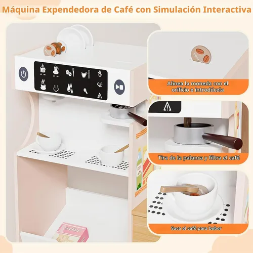 Vista 5 de JOYMOR Tienda de comestibles de juguete, juego interactivo de supermercado de madera con máquina de café expendedora, accesorios de venta y compra