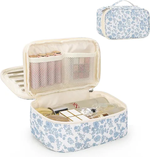 Vista 25 de Relavel Bolsa de maquillaje pequeña para mujer y niña, bolsa de maquillaje y brochas portátil de 2 capas, organizador de brochas de regalo de Navidad