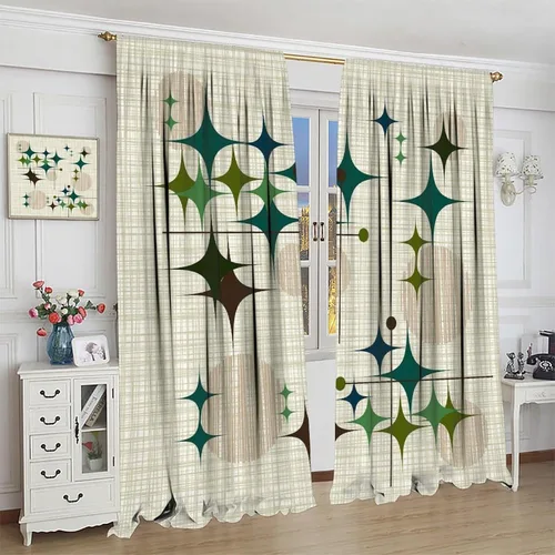 Vista 4 de Cortina de Ventana de Mediados de Siglo con Explosiones de Estrellas, Cortinas con Estampado de Inspiración Atómica para Sala de Estar Dormitorio
