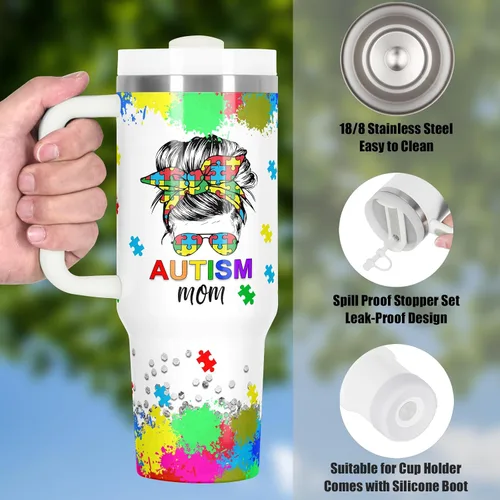 Vista 5 de Regalos para mamá, vaso de concientización sobre el autismo, vaso de 40 onzas con asa para mamá autista