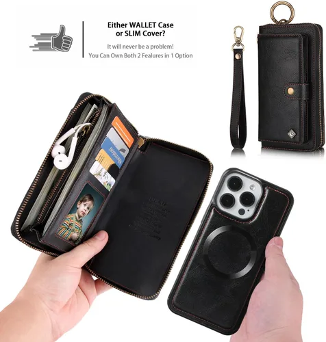 Vista 4 de LITOU Funda compatible con iPhone 15 Plus para mujeres y hombres, funda de piel con cierre de pulseras, tarjetero con bloqueo RFID, funda magnética