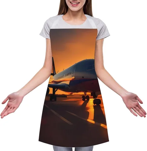 Vista 3 de MUSM Apron for Adults - 27.6 X 31.5 Inch, Heavy-Duty Polyester Aprons with Two Large Pockets, Waterproof Airplane at Sunset Kitchen Apron for
