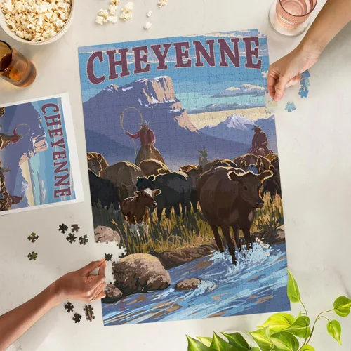 Vista 2 de Cheyenne, Wyoming, Cowboy Cattle Drive Scene (1000 Piece Puzzle, Challenging Jigsaw Puzzle for Adults, Made in USA)