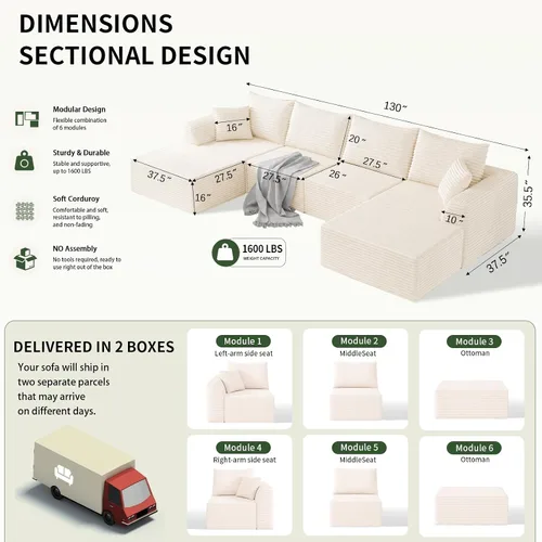 Vista 2 de Sofá seccional deshuesado de 130 pulgadas, moderno sofá modular con soporte, sala de estar, apartamentos, dormitorio, no requiere montaje, sofá