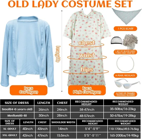 Vista 3 de Zhanmai 7 Pcs 100th Day of School Old Lady Costume Dress and Coat Sets Grandma Costume Granny Costume for Woman