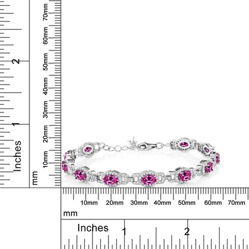 Vista 3 de Gem Stone King Pulsera de tenis de plata de ley 925 ovalada con zafiro creado en rosa para mujer