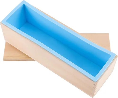 Vista 3 de Juego de 3 moldes de jabón de silicona azul de 45 onzas, moldes rectangulares flexibles para hacer jabón con caja de madera, cubiertas de madera