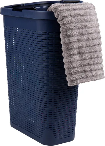 Vista 9 de Mind Reader Cesta de lavandería delgada con tapa, cesta de ropa de 40 L, diseño de mimbre premium, plástico, azul bebé
