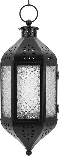 Vista 27 de Vela Lanterns Farol marroquí colgante con luces LED parpadeantes, decoración exótica decorativa de patio y porche, portavelas para interiores y Ámbar