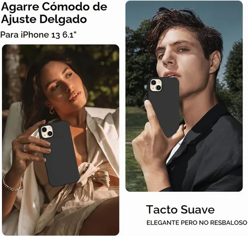 Vista 2 de Funda delgada para iPhone 13 de 6.1 pulgadas, silicona líquida a prueba de golpes, con forro de microfibra suave antiarañazos, 2 protectores de Negro