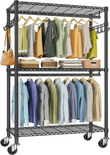 Vista 14 de VIPEK R2 - Perchero mediano con ruedas y ganchos laterales, resistente para colgar ropa, ajustable con alambre de metal, armario portátil con ruedas