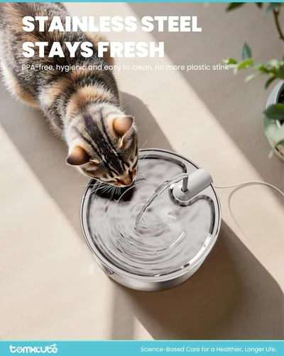 Vista 3 de Tomxcute Fuente de agua para gatos de acero inoxidable, 3.2L/108oz, bomba Plateado